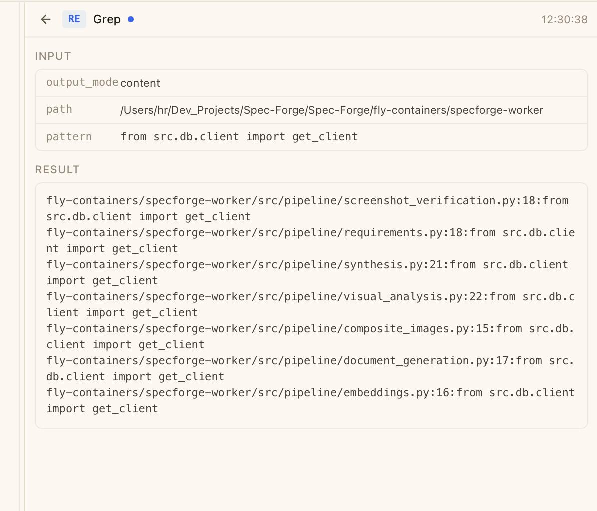 CodeMantis Activity Feed showing a real-time timeline of tool operations with color-coded badges, timestamps, approval status indicators, and input summaries