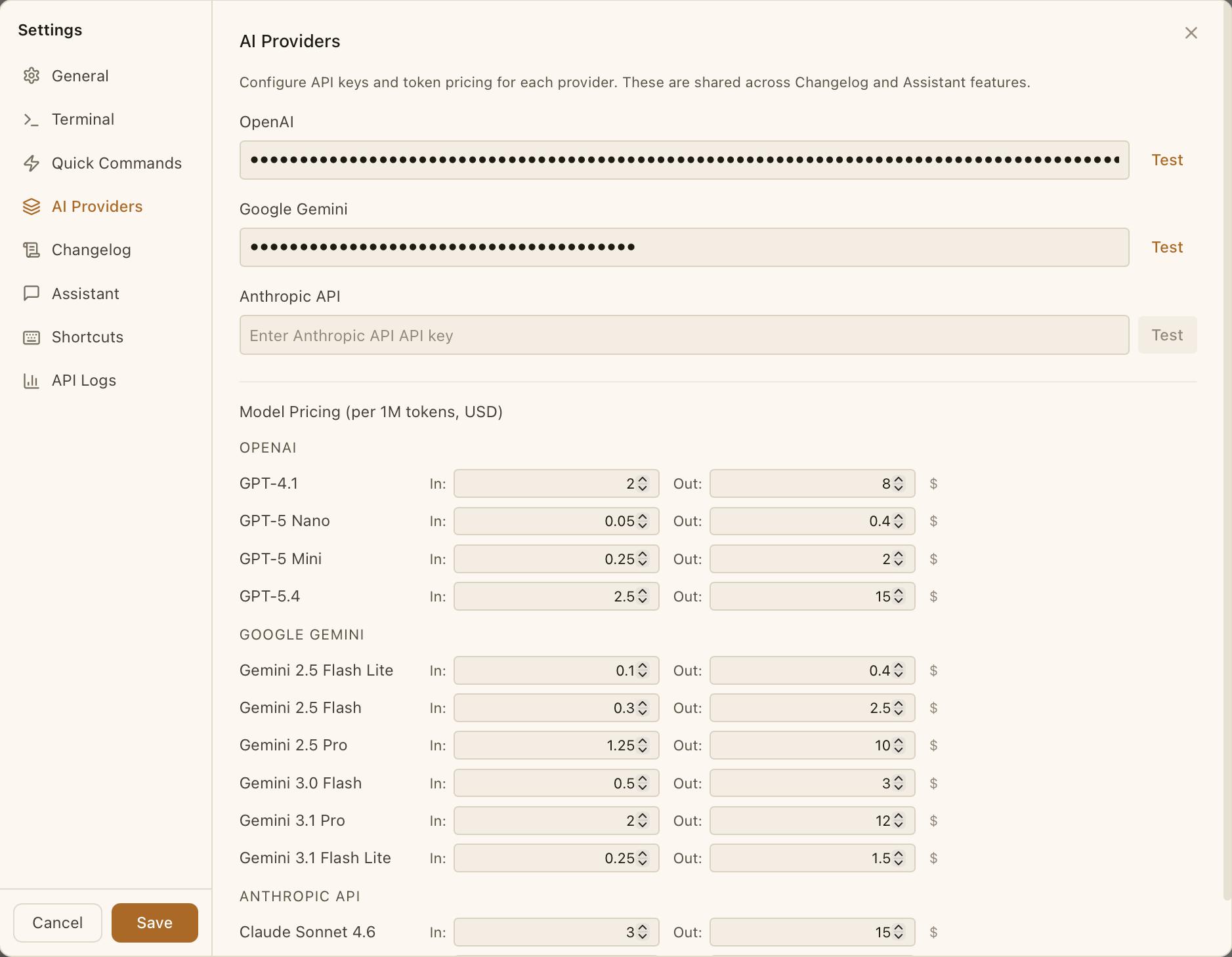 CodeMantis AI Providers settings panel showing input fields for OpenAI, Google Gemini, and Anthropic API keys with test buttons