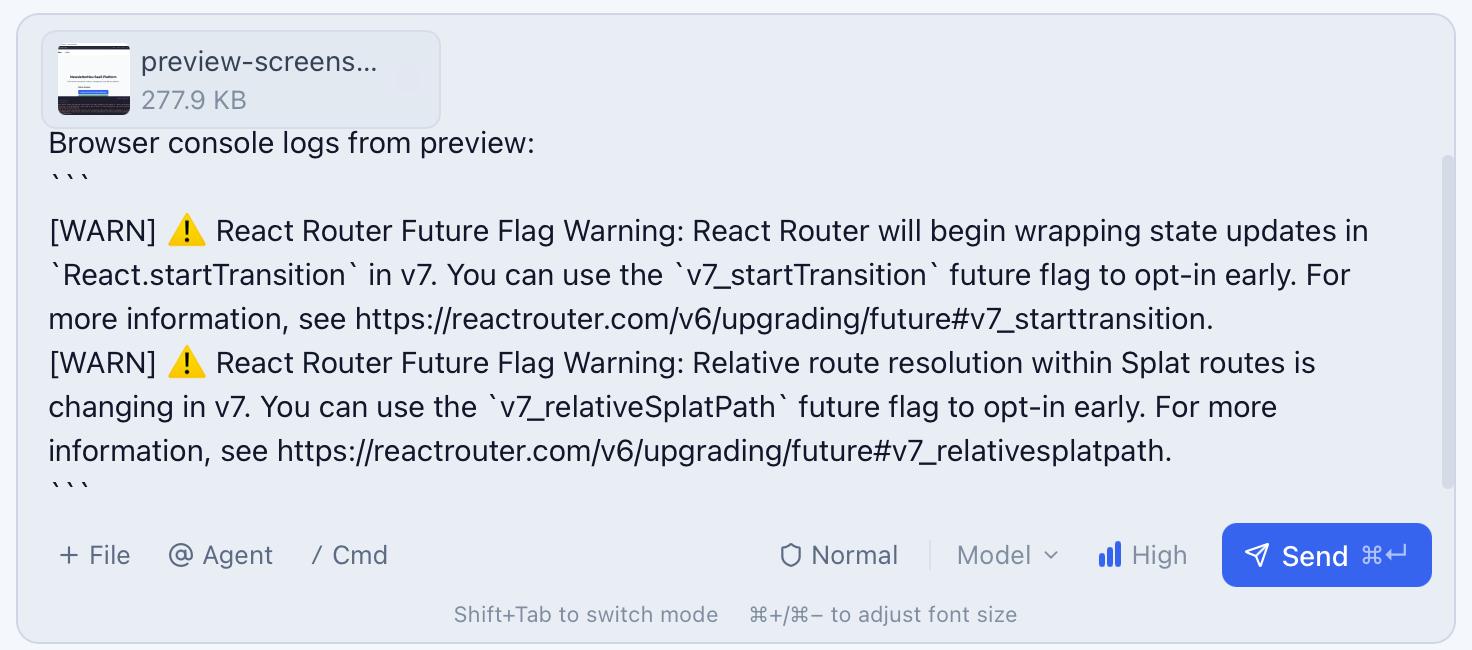 CodeMantis Preview Browser showing console error logs with options to send errors to the chat for debugging