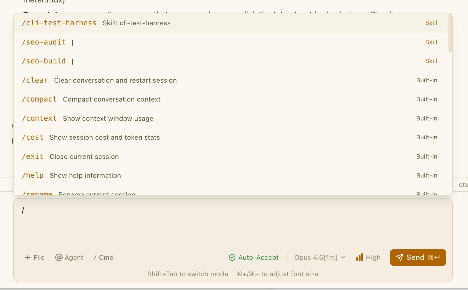 CodeMantis Command Palette floating above the chat input showing a list of slash commands with Skill, Built-in, and Opens CLI category badges