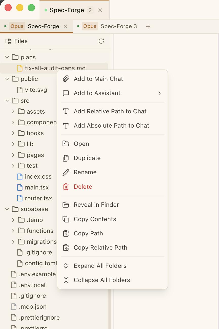 CodeMantis file tree sidebar showing the right-click context menu with options like New File, Add to Chat, Open, Rename, Delete, and Copy Path