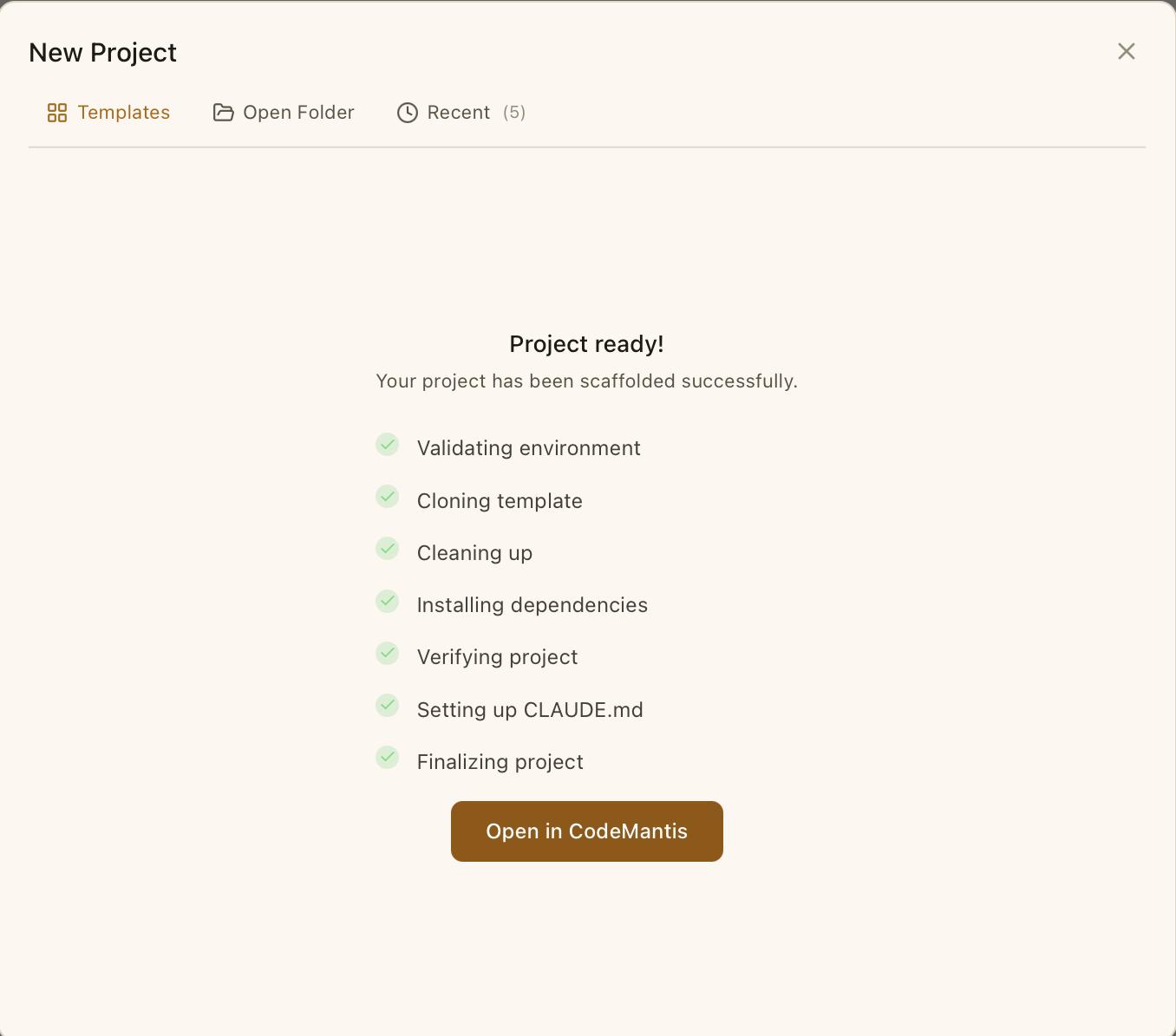 CodeMantis showing the prerequisites check completed with all items passing