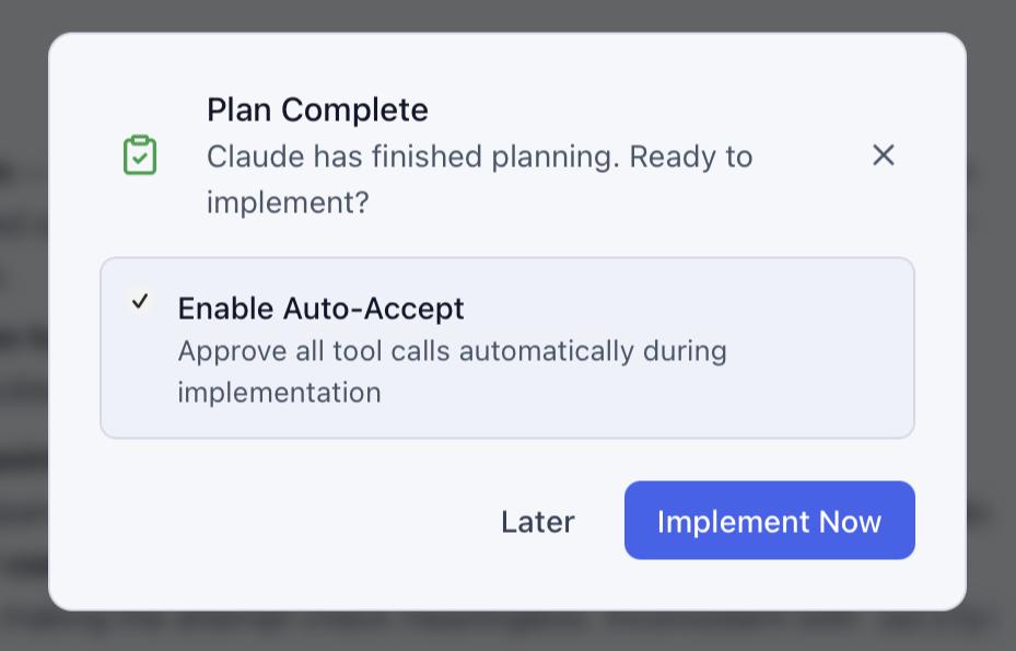 CodeMantis Plan Complete dialog with an Implement Now button and an Enable Auto-Accept checkbox