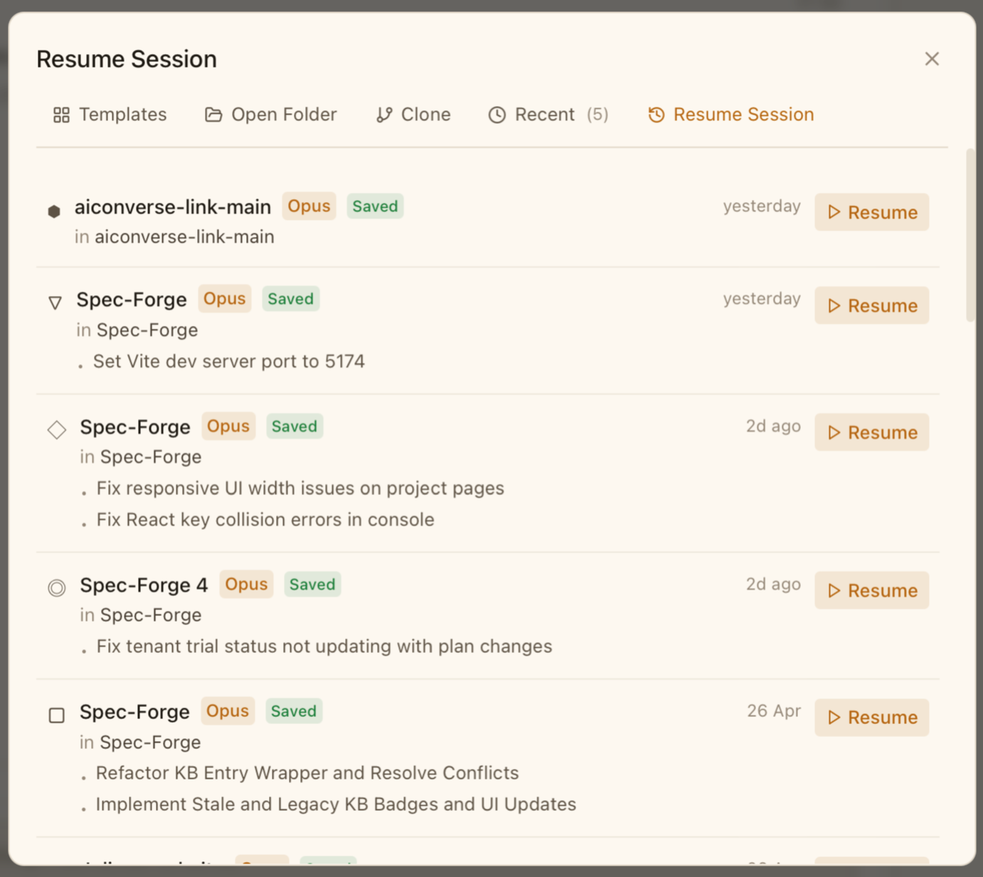 CodeMantis Project Picker on the Resume Session tab, showing a list of recent Claude sessions across all projects with a Resume button on each row
