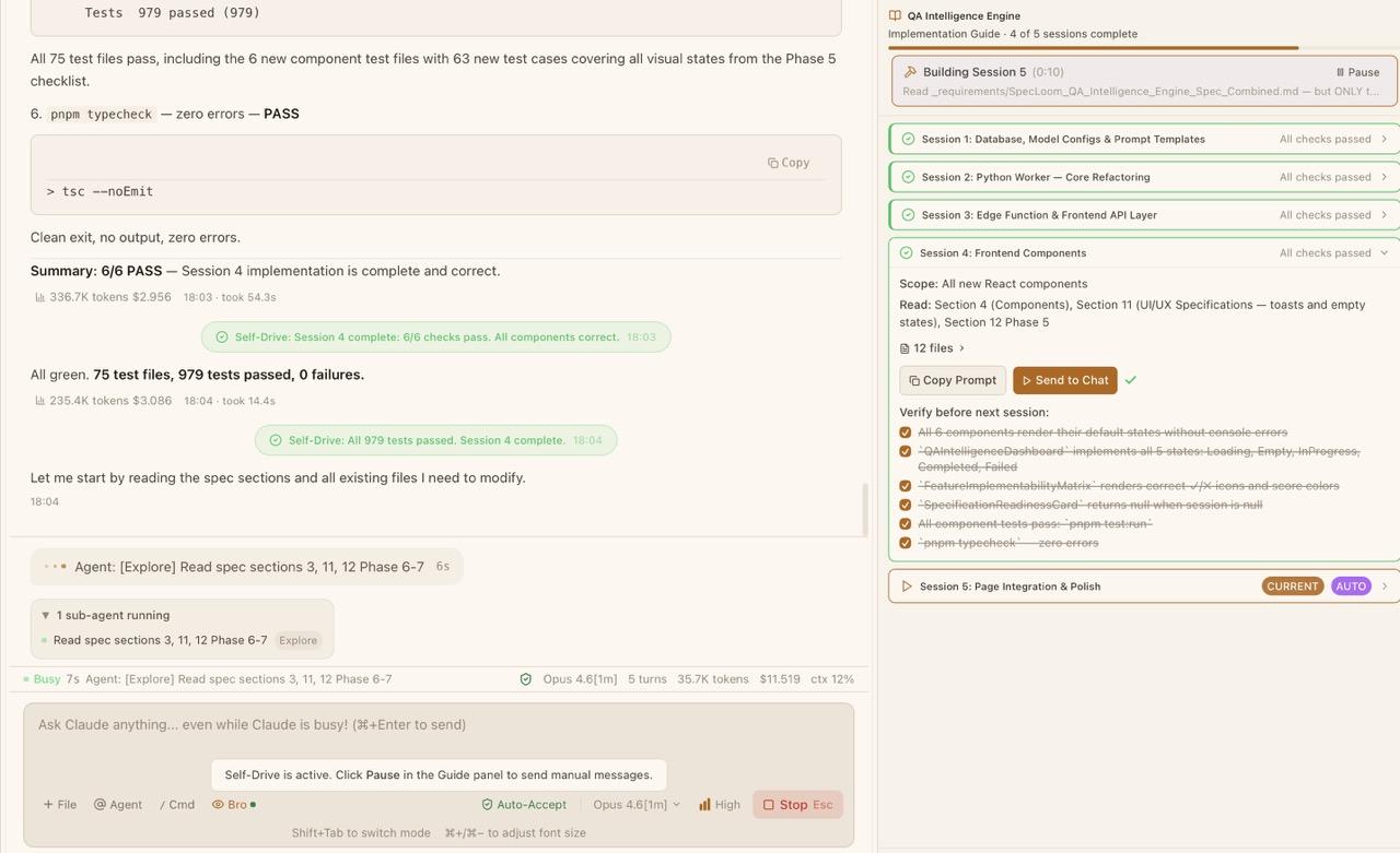 CodeMantis Self-Drive in full motion — multiple sessions completed with verification checks, Claude Code actively building the next session