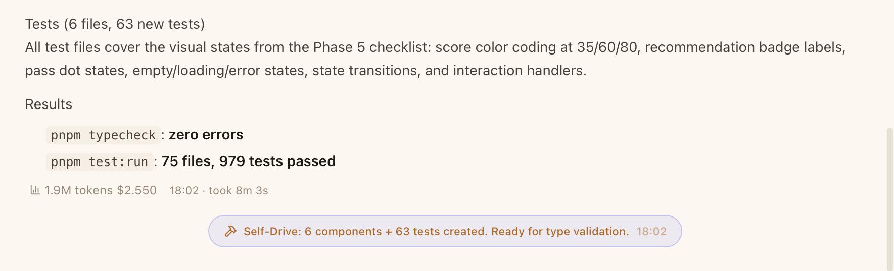 Self-Drive running — test results showing zero errors and 979 tests passed, with a Decision Card showing progress
