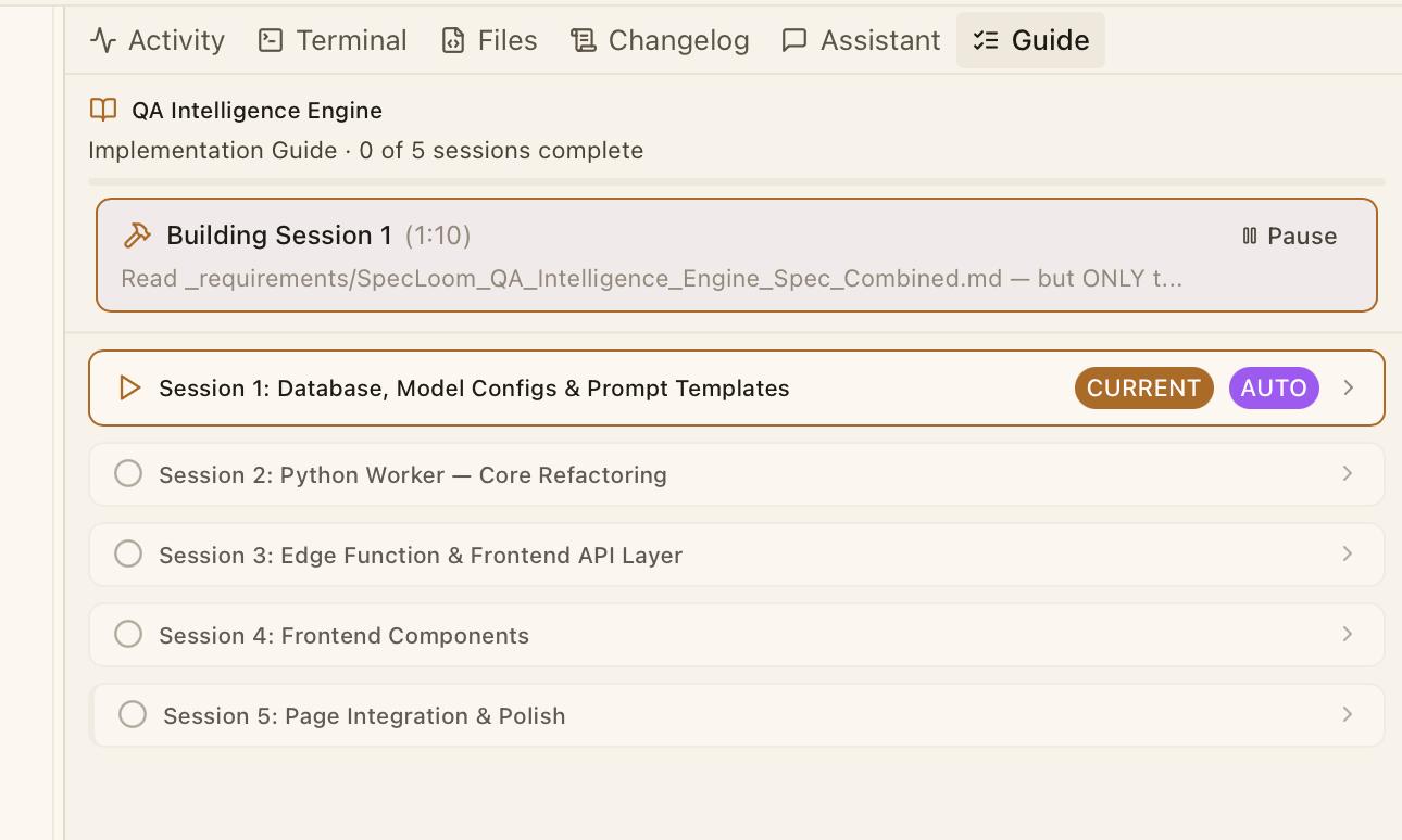 CodeMantis Self-Drive started — Guide panel showing session list with Self-Drive building Session 1 in Auto mode