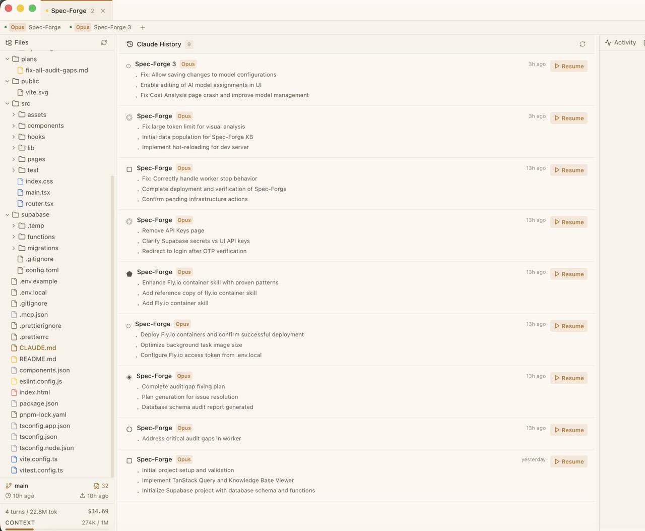 CodeMantis Claude History view showing a list of previously closed sessions with geometric icons, model badges, timestamps, and Resume buttons