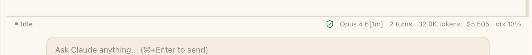 CodeMantis session status bar at the bottom of the chat panel displaying the current model, turn count, token usage, cost, and context window percentage