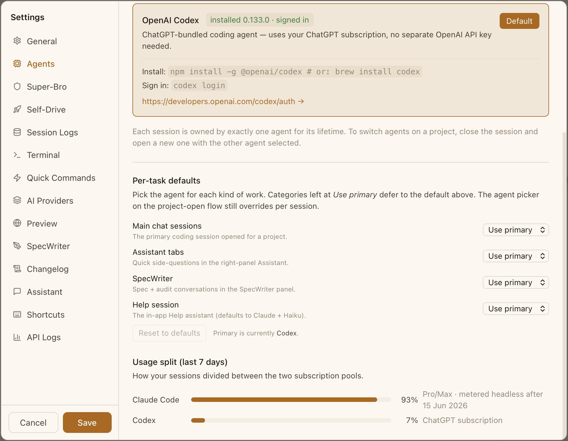 Per-task Defaults table — routing main chat, SpecWriter, Assistant, and Help to different agents