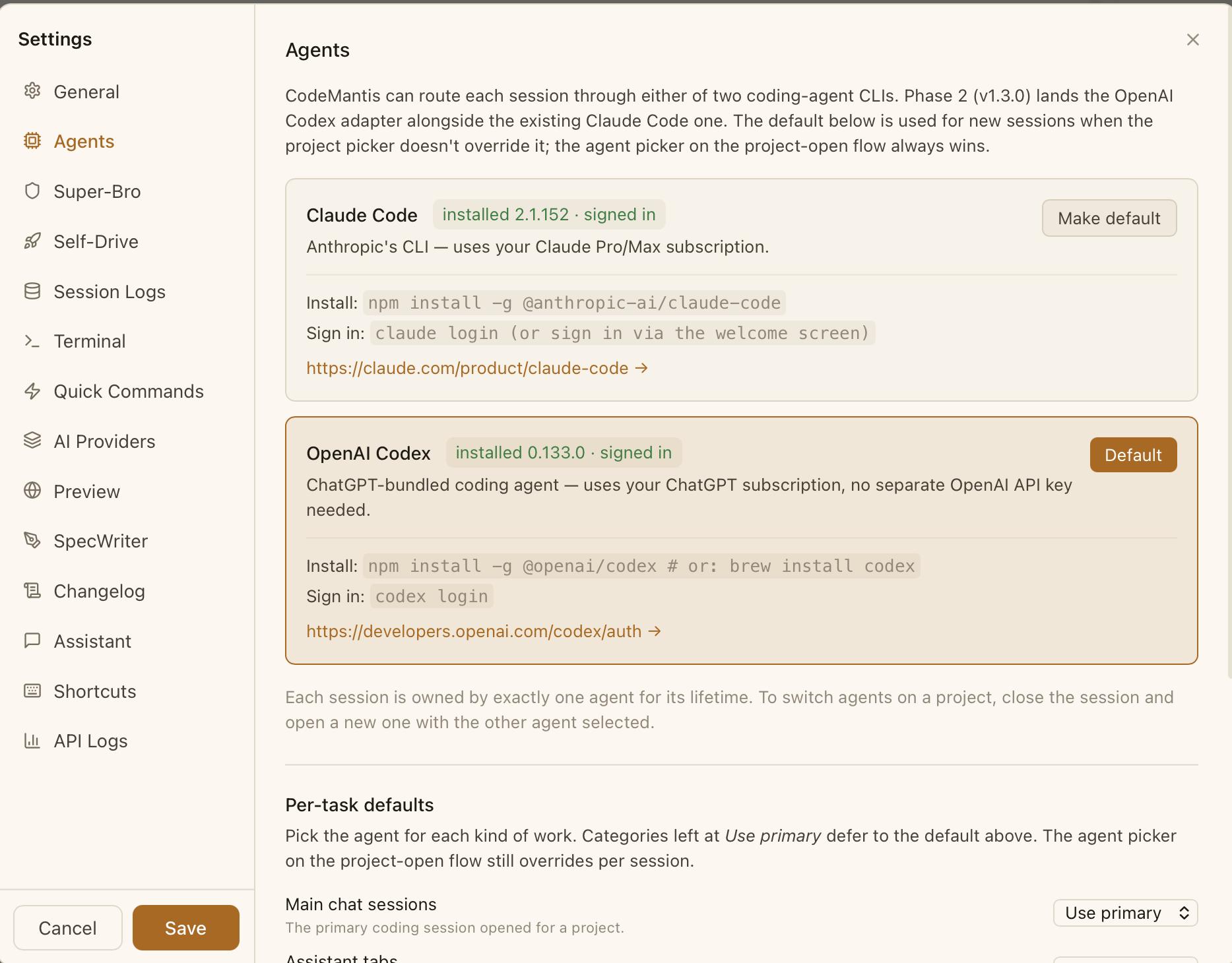 Settings > Agents — per-agent install + auth status for Claude Code and Codex