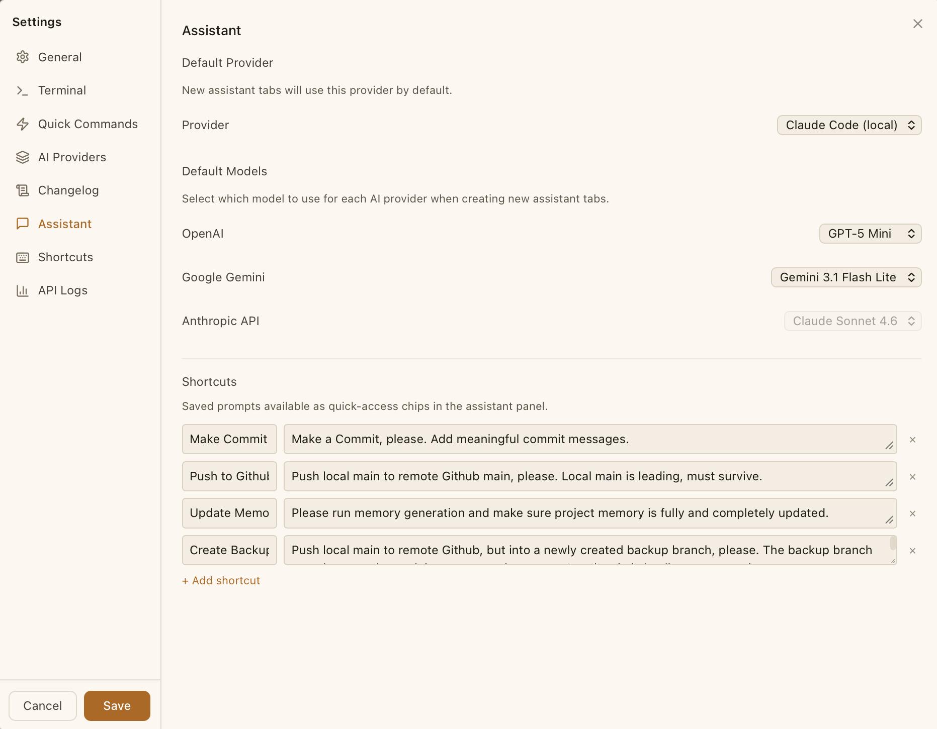 CodeMantis Assistant settings panel showing provider configuration and default model selection