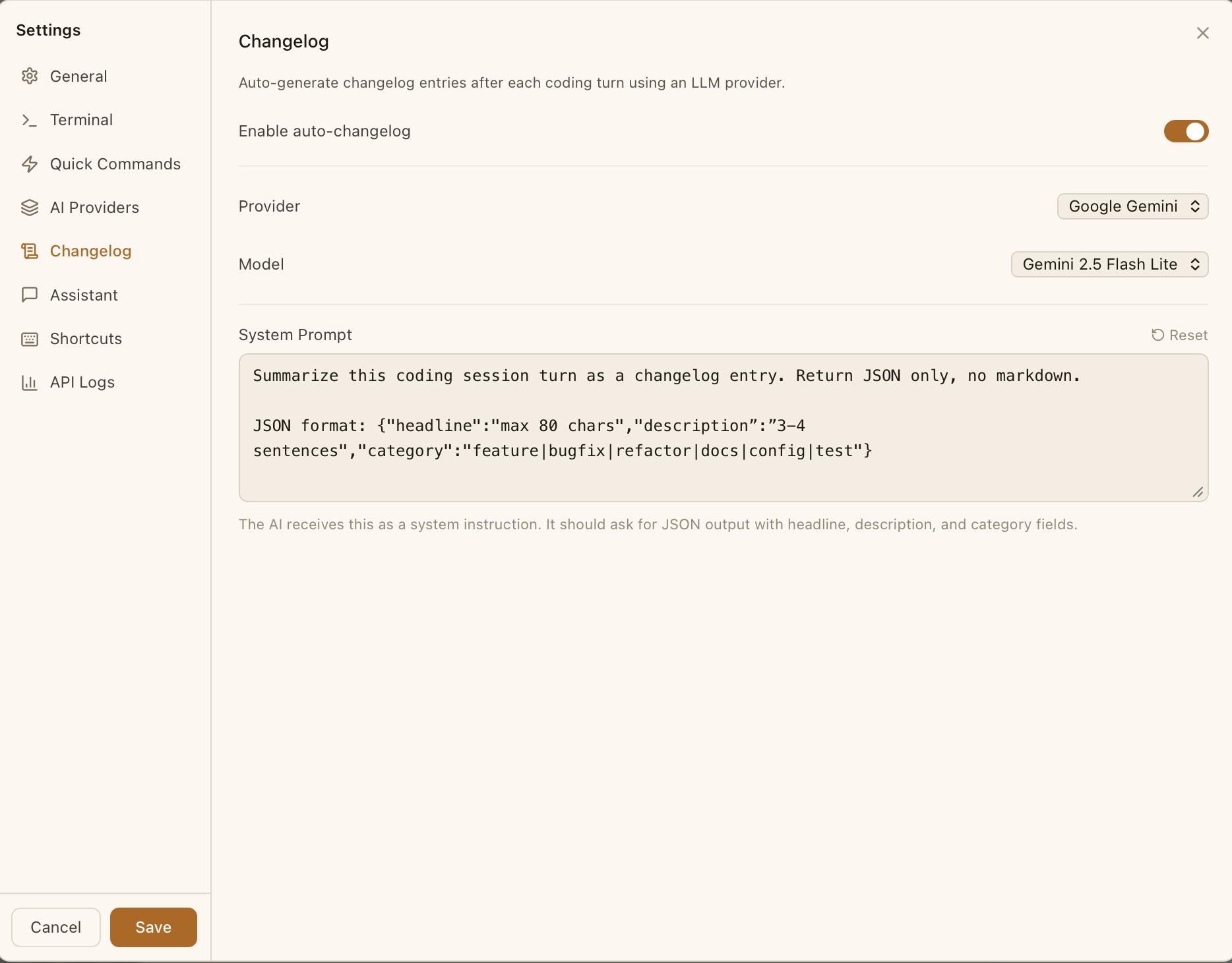 CodeMantis Changelog Settings panel showing provider selection, model dropdown, auto-generate toggle, and custom system prompt