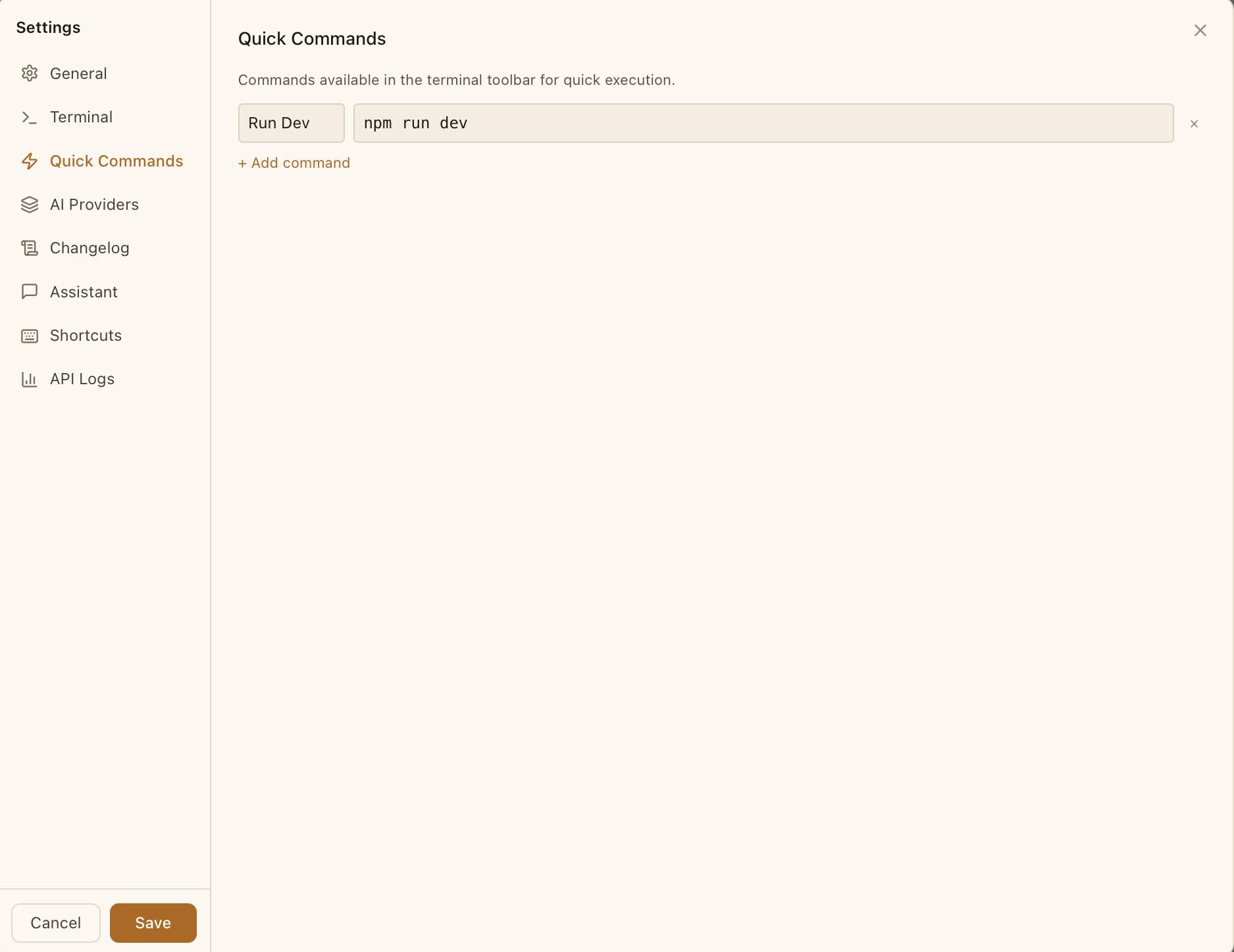 CodeMantis Settings panel showing the Quick Commands configuration with editable labels and command strings for Build, Test, Lint, and Dev