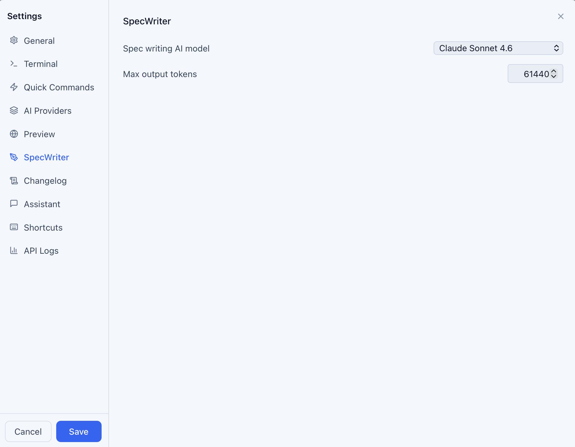 CodeMantis SpecWriter Settings panel showing default mode and auto-save configuration