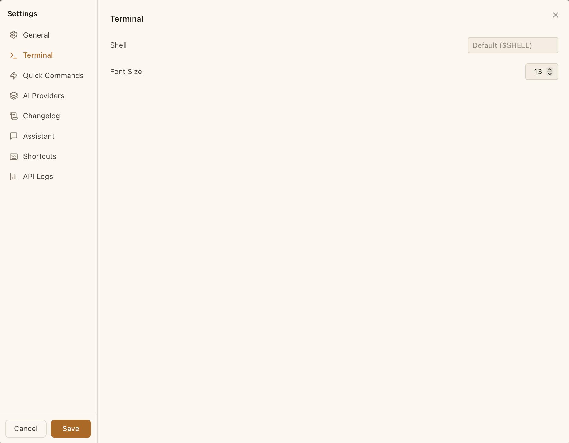 CodeMantis Terminal Settings panel showing shell path and font size configuration options