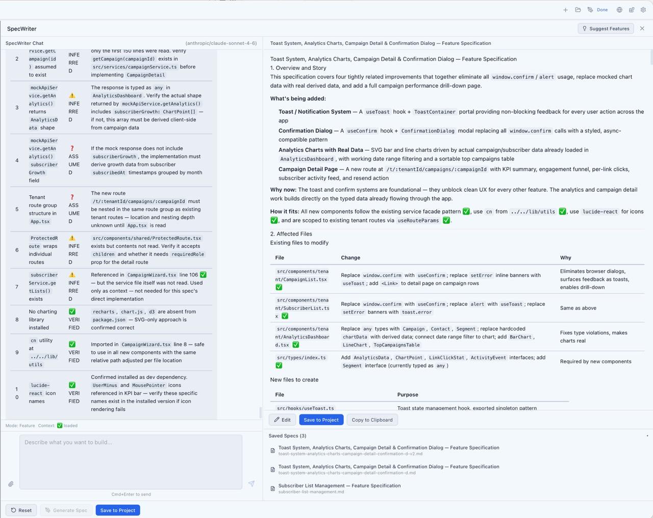 CodeMantis SpecWriter verification checklist showing testable assertions generated from the specification