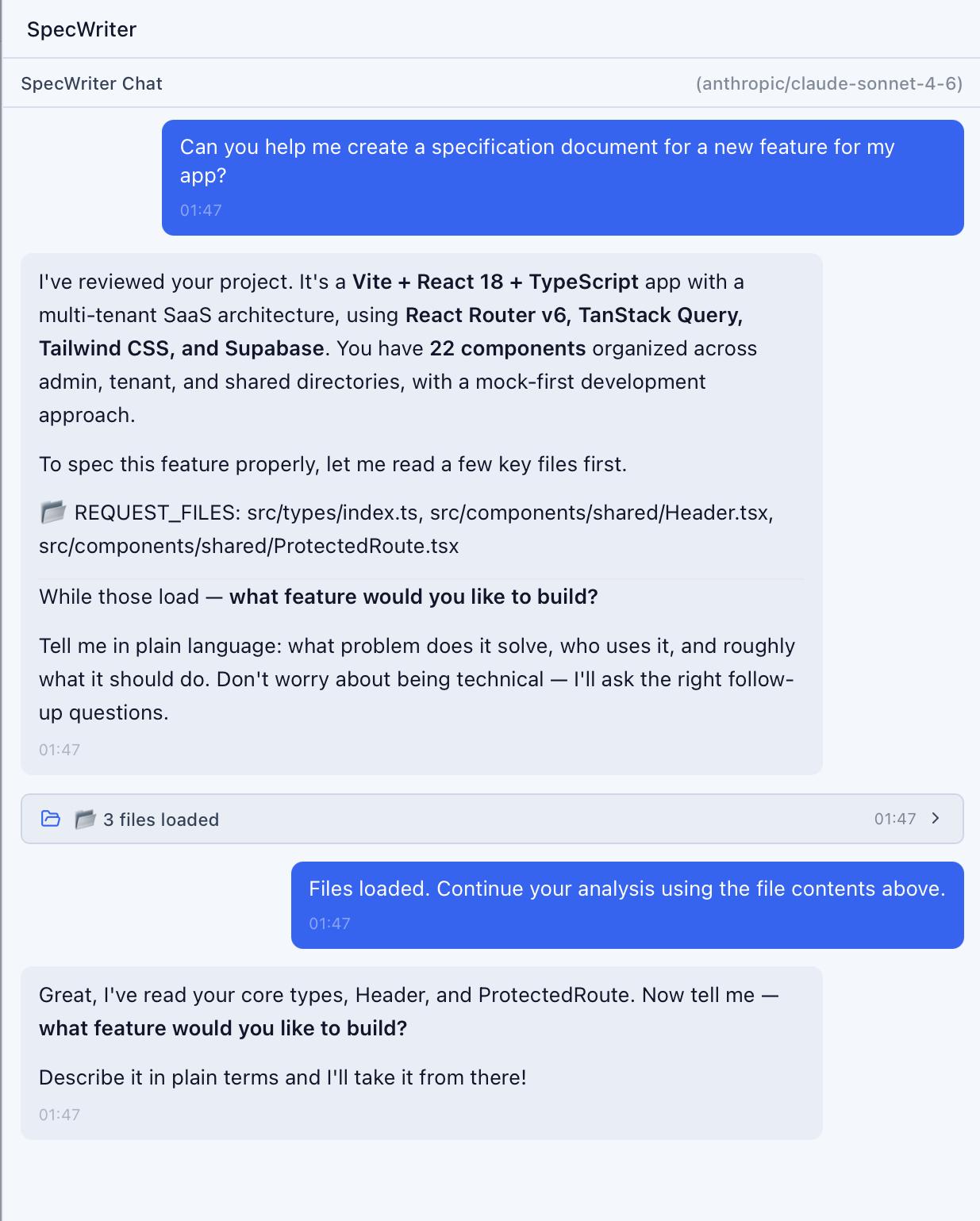 CodeMantis SpecWriter AI dialogue showing interactive option buttons and follow-up questions during the specification conversation