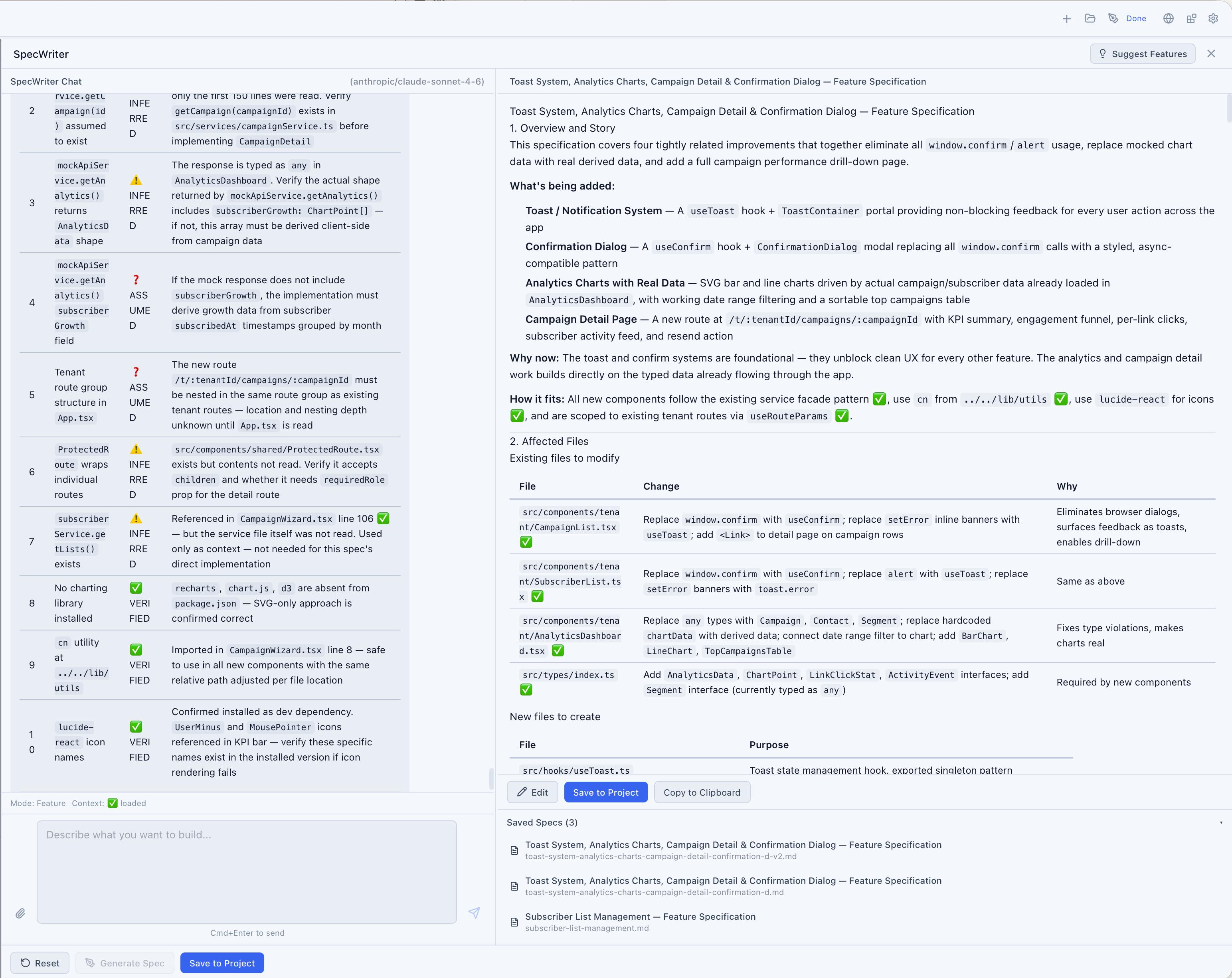 CodeMantis SpecWriter showing a completed specification document with numbered sections, requirements, and implementation guidance