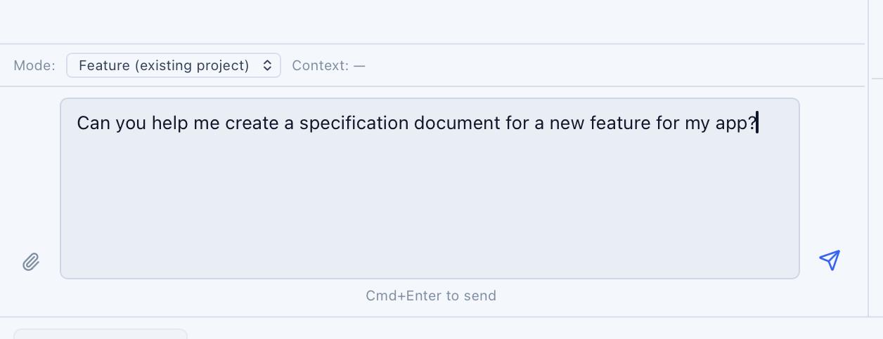 CodeMantis SpecWriter panel showing mode selection and the start of a new feature specification conversation