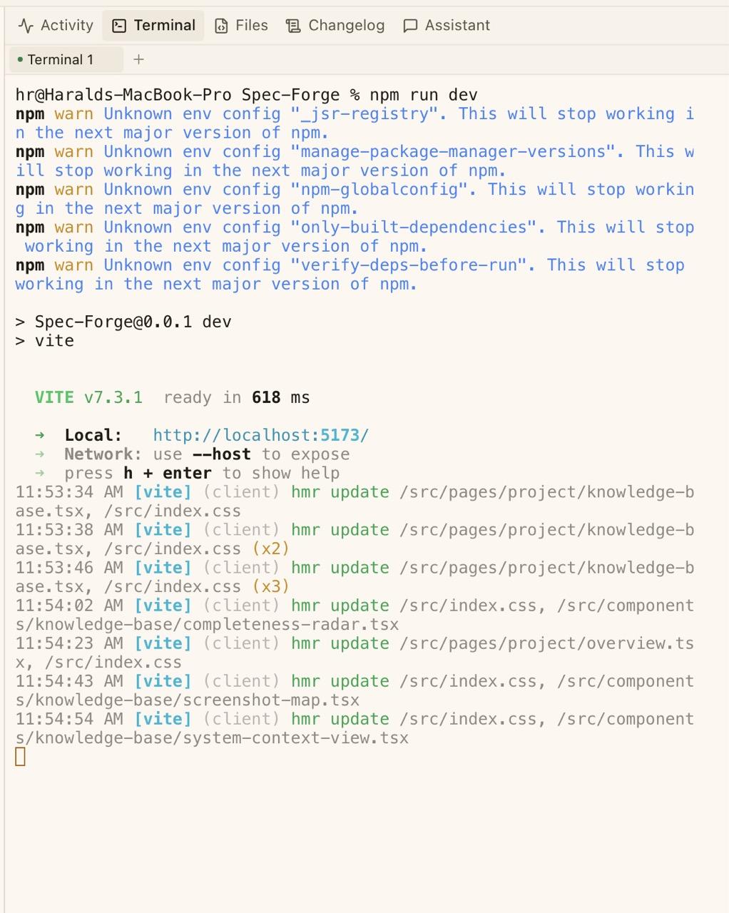 CodeMantis integrated terminal showing a running process with full ANSI color support, terminal tabs at the top, and quick command buttons at the bottom