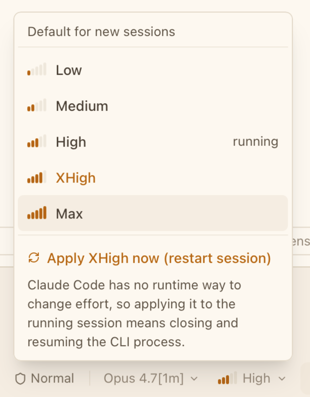 CodeMantis Thinking Effort dropdown with Max selected, showing the orange "Apply XHigh now (restart session)" action and an explanation that effort can only be changed by closing and resuming the CLI process