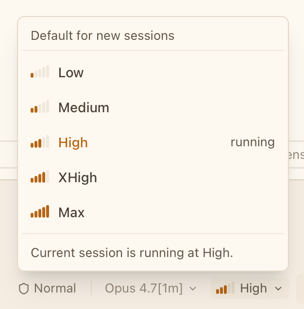 CodeMantis Thinking Effort dropdown showing Low / Medium / High / XHigh / Max levels, with High labeled "running" and a footer reading "Current session is running at High."