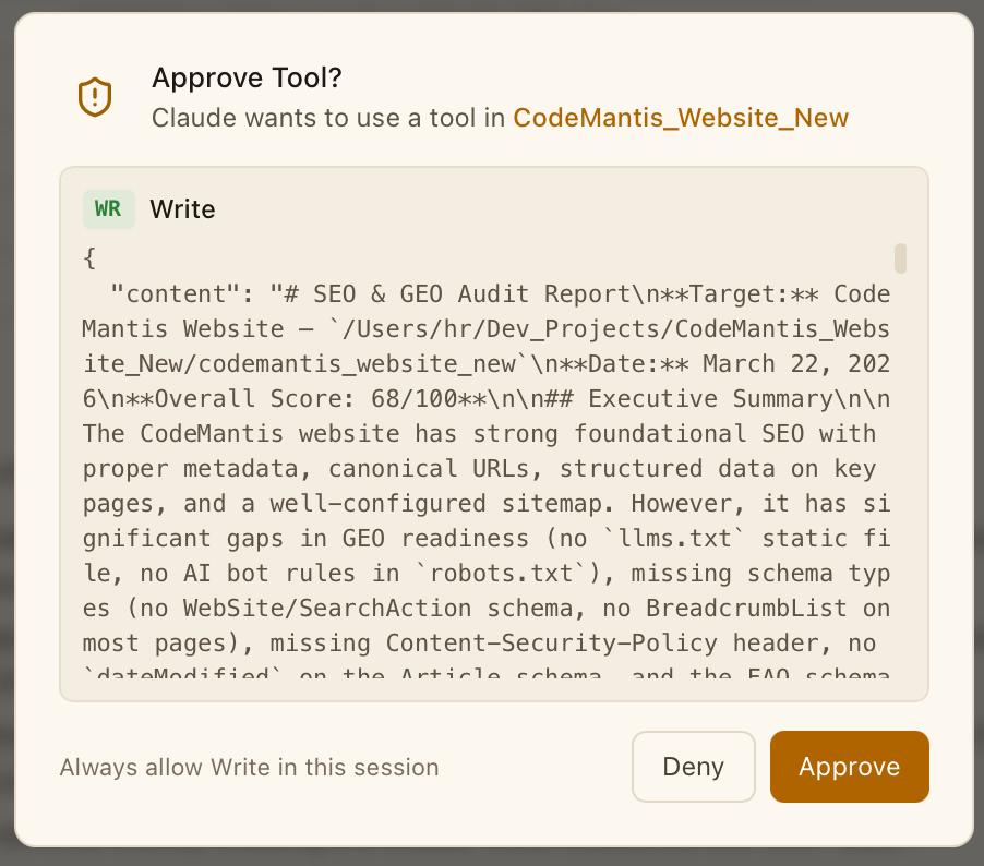 CodeMantis Tool Approval modal showing a single pending approval with shield-alert icon, tool badge, JSON content preview, and Approve, Deny, and Always Allow buttons