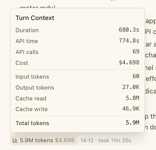 CodeMantis turn and context statistics showing token usage breakdown with input tokens, output tokens, cache read and write, duration, and cost per turn