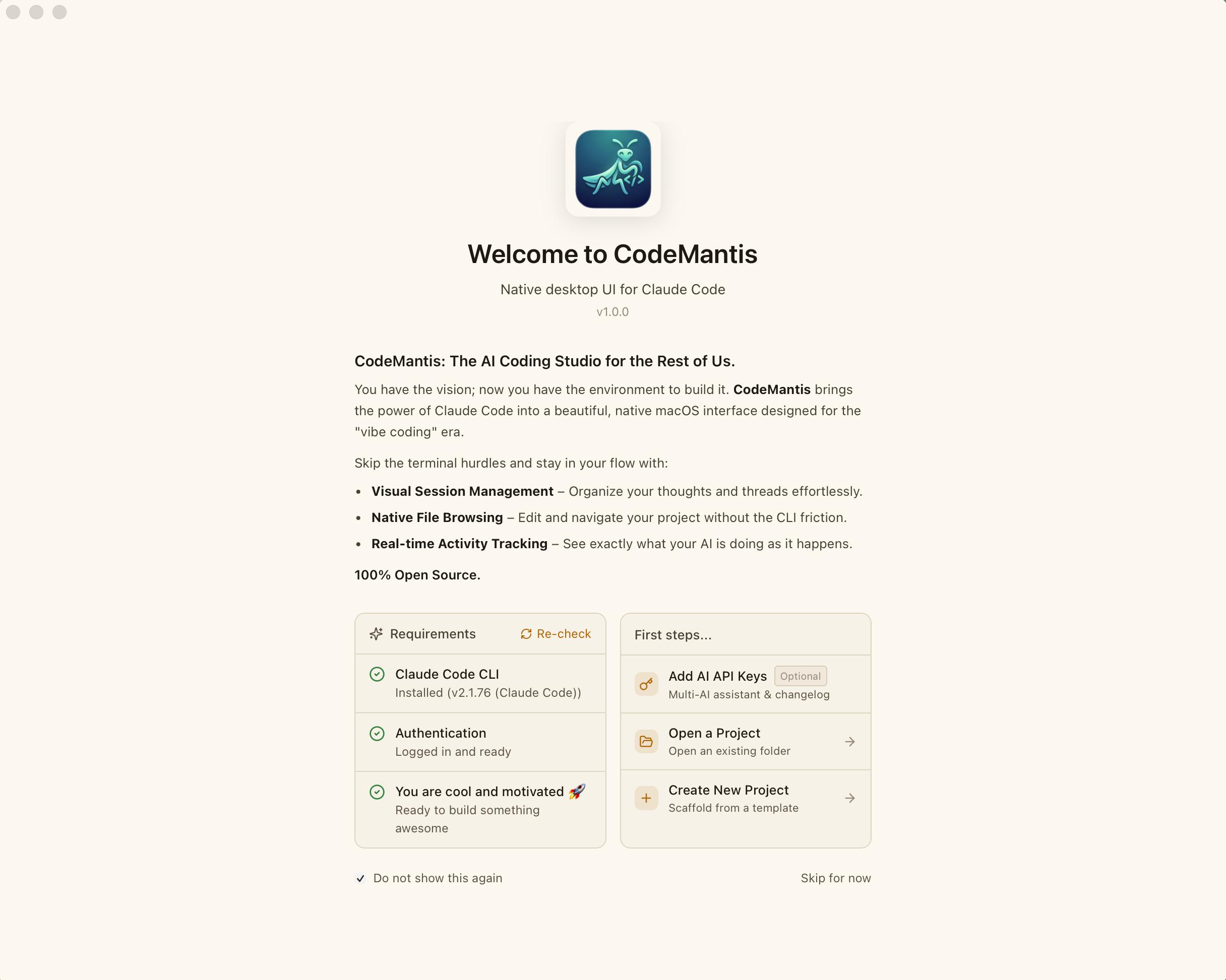 CodeMantis welcome screen showing the prerequisites check, project options, and getting started buttons