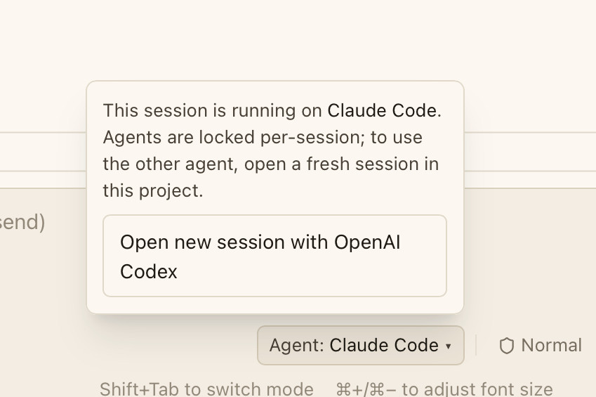 CLI selector in the main chat showing Claude Code and Codex as options