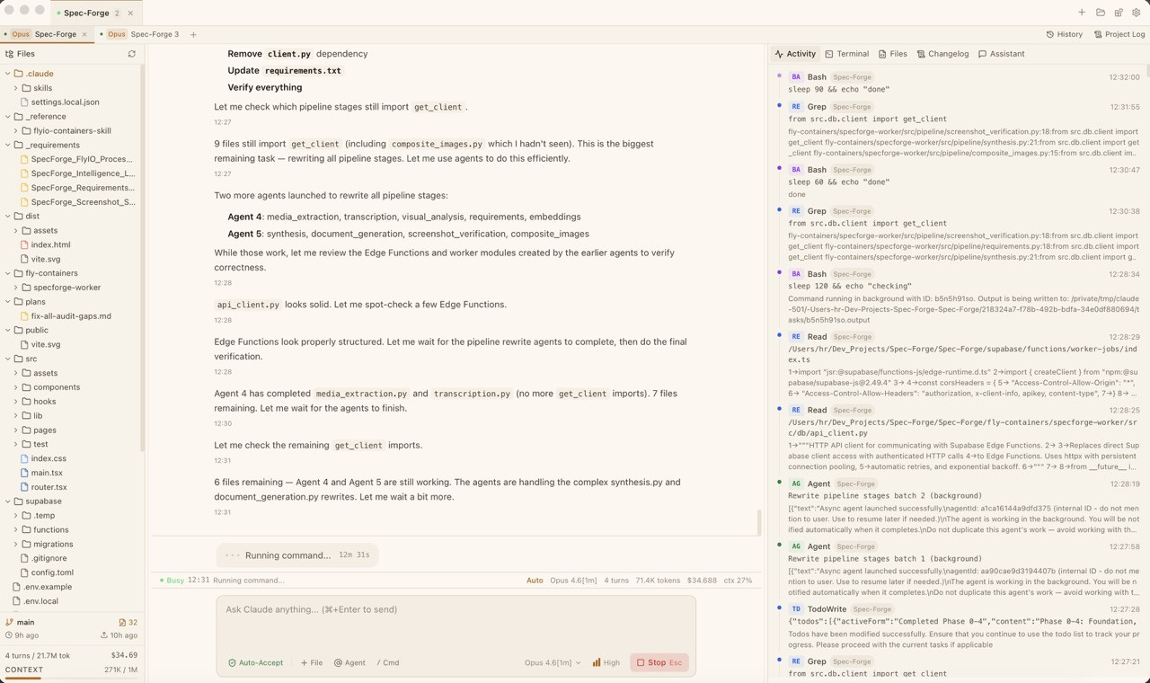 CodeMantis three-panel interface showing Claude Code chat, activity feed, and file browser
