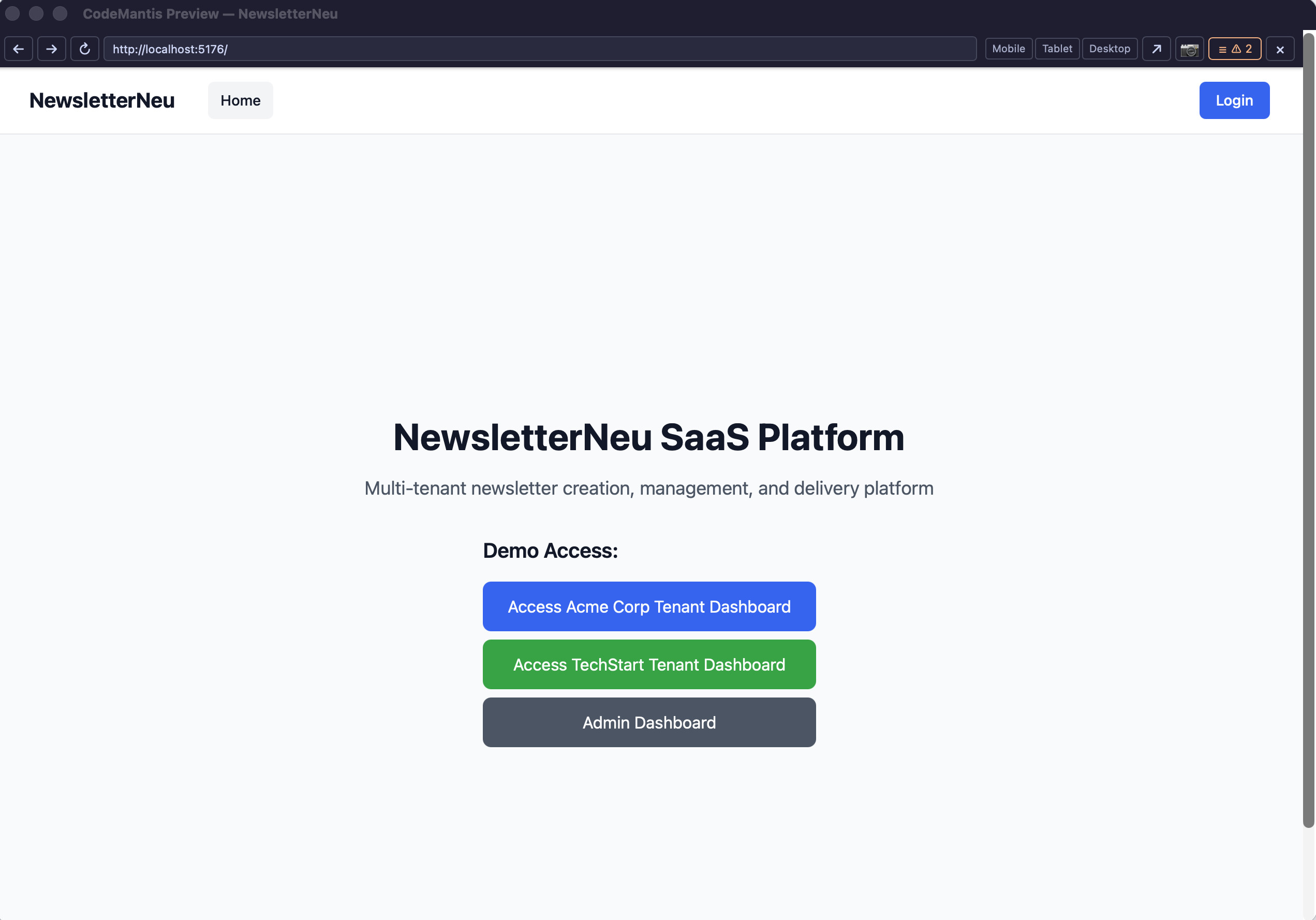 Preview browser window showing running web app with viewport presets