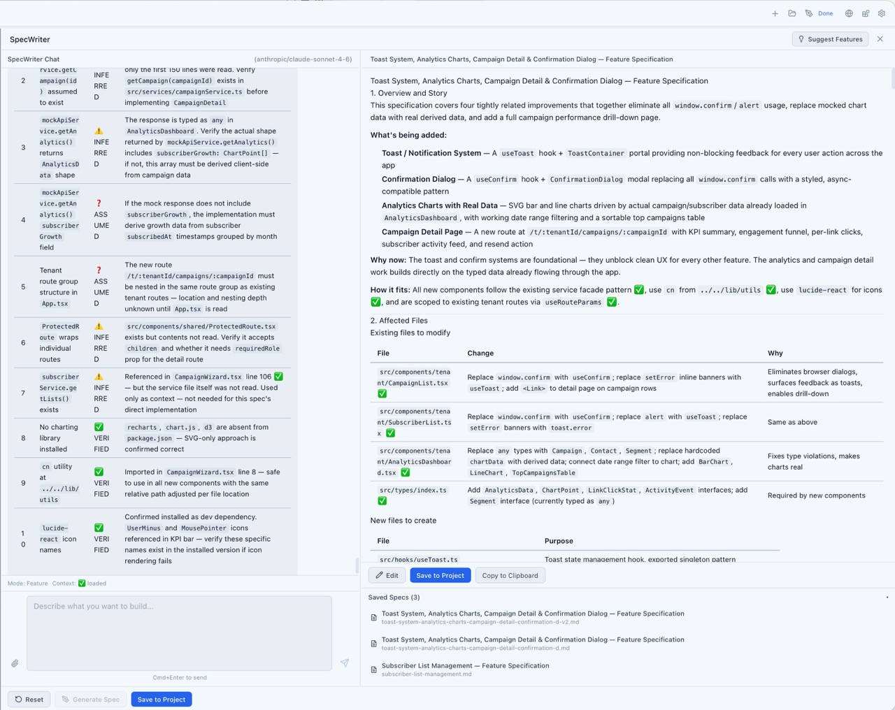 SpecWriter verification checklist showing structured QA plan generated from the specification