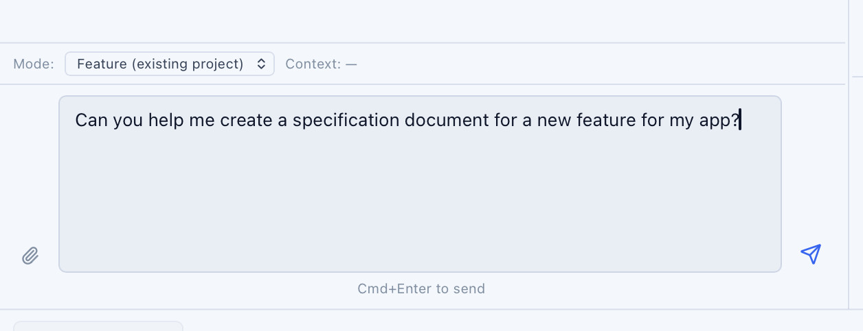 SpecWriter Feature Mode showing codebase-aware spec writing with real file path references