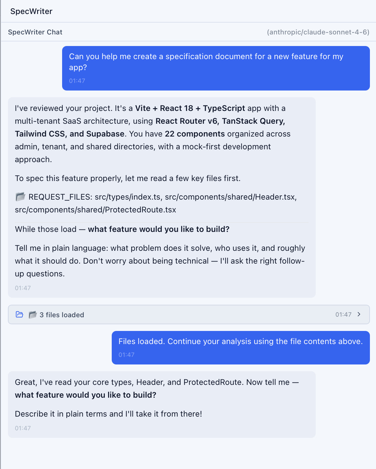 SpecWriter AI dialogue showing interactive conversation for spec writing