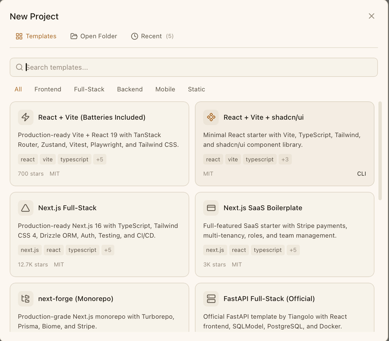 Project template picker showing curated starter templates