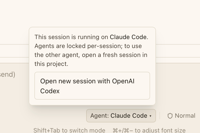 CodeMantis agent picker in the main chat — Claude Code, Codex, and OpenCode as options for a session